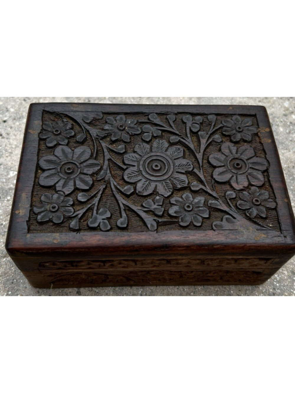 Vintage or Antique Ornate Hand Carved Wood Wooden Box Flower Design Two toned